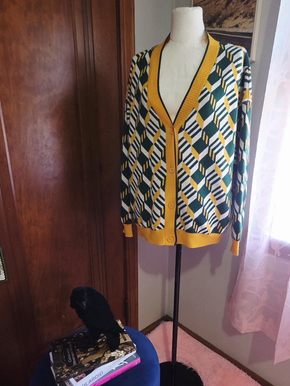 SHEIN Yellow, Green & White Geometric V‑Neck Button Front Cardigan